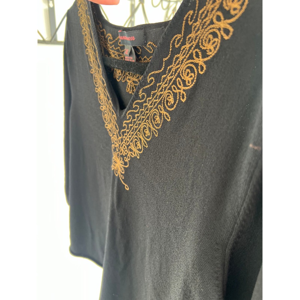 Francesca Rose V-Neck 3/4 Sleeve Blouse, Black w/ Gold Flower Embroidery, L / XL - Picture 9 of 10